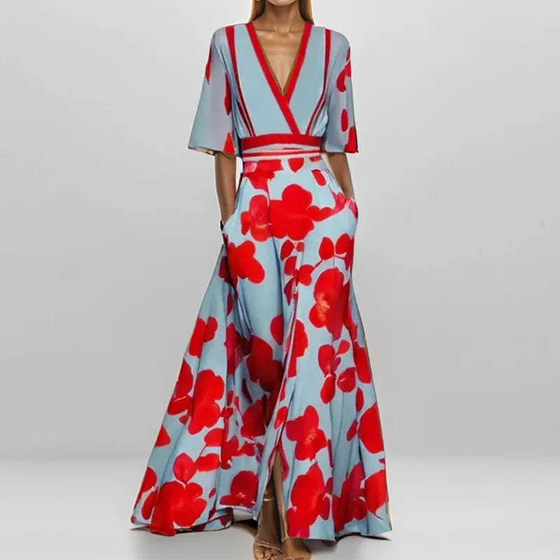 LP | Spring Summer Women Fashion V Neck Strap Party Dress Long Print Sexy Boho Maxi Dresses Short Sleeve Bag Femlae Holiday