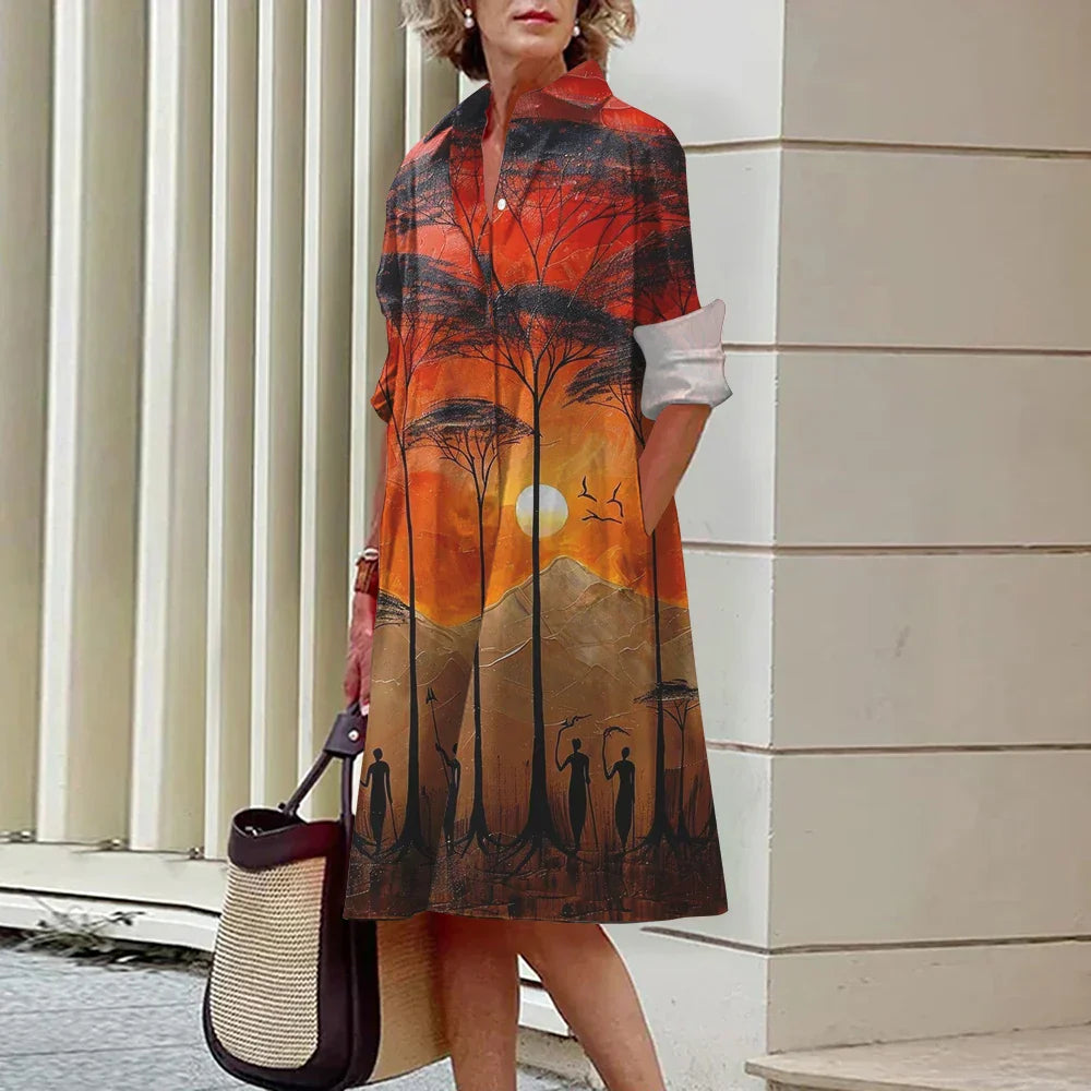 LP | Summer New Elegant Women's Shirt Women Casual Printed Long Sleeve Fashion Lapel Road Women Dresses Dinner Party Dresses
