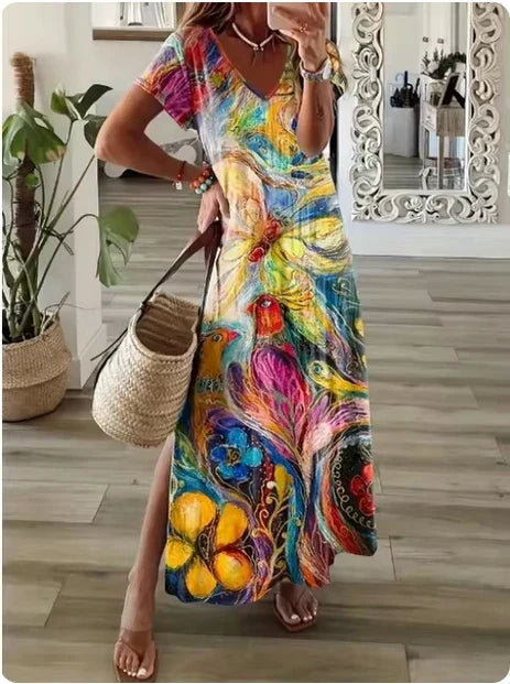 LP | T-shirt-printed irregular geometric Long dress Women's Summer Round neck Short sleeve A-Line casual dress-for-holidays