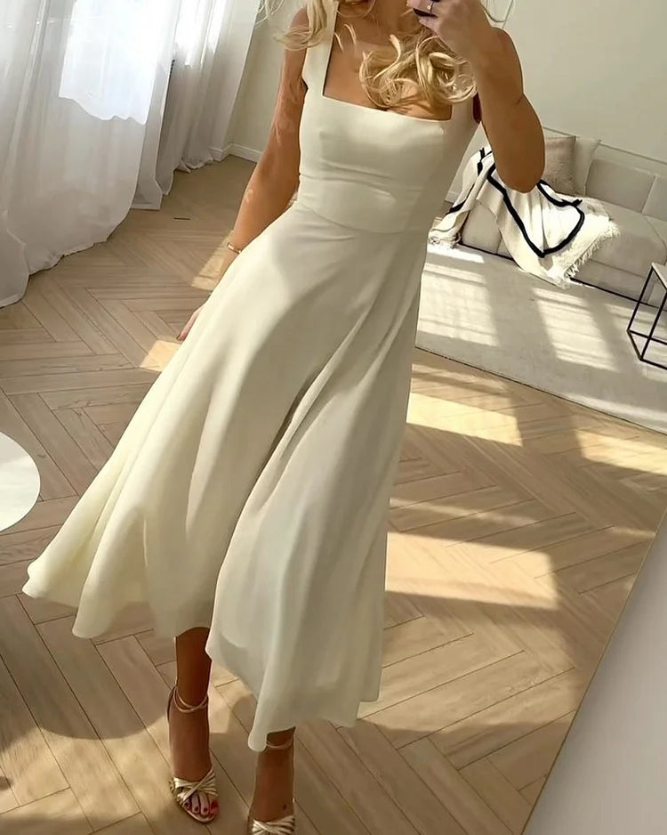 LP | Elegant single-color voile dress with square collar