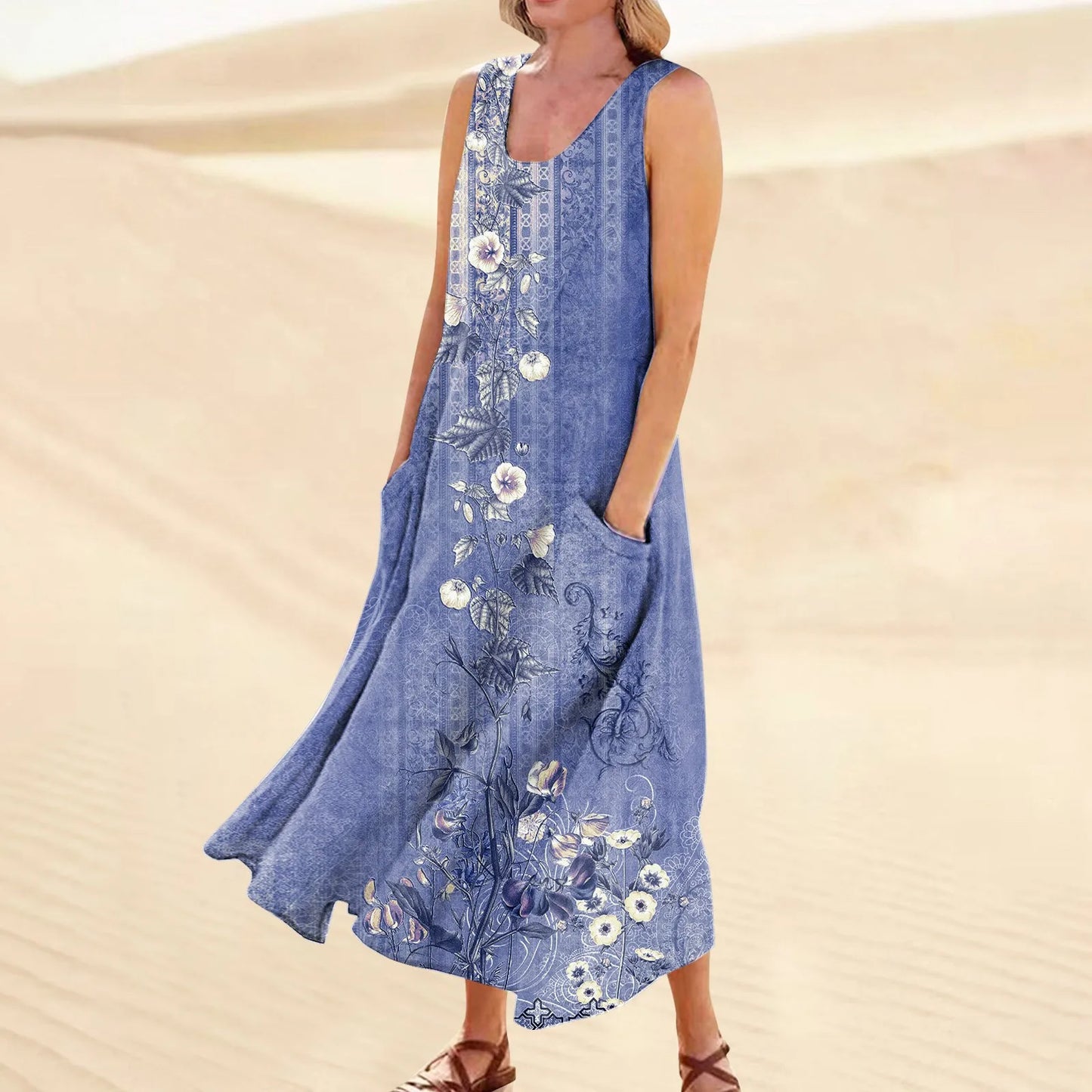 LP | Women's casual retro summer dresses Beach cover-ups with pockets Plus Size Cotton loose linen T-shirt Long beach dress