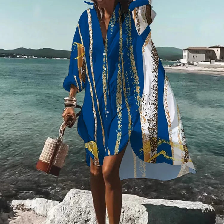 LP | Fall dress 2024 New fashion for leisure Grace printed lapel long sleeve Party loose beach women shirt dresses MsChuh
