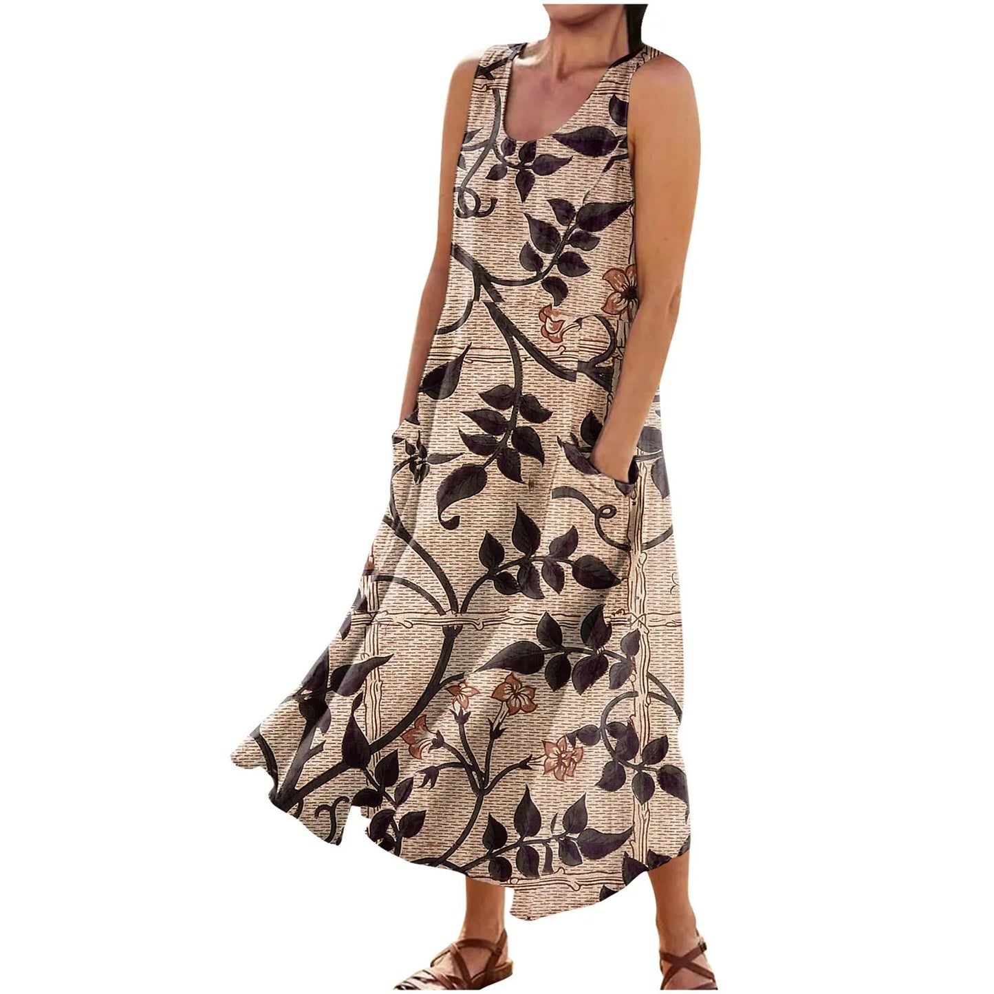 LP | Floral Summer Dress Women Vintage Sleeveless Floral Printed Long Dress Cotton Linen Sundress Baggy Beach Vestido Sarafans