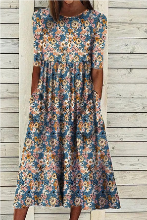 Scandia - Short-sleeved summer midi dress with floral print