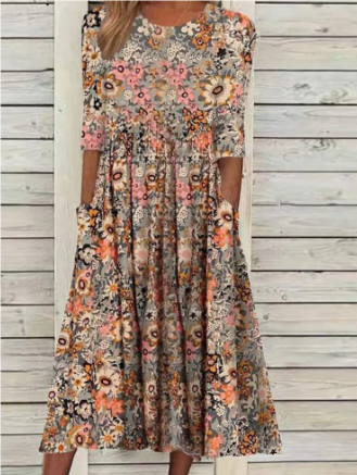 Scandia - Short-sleeved summer midi dress with floral print