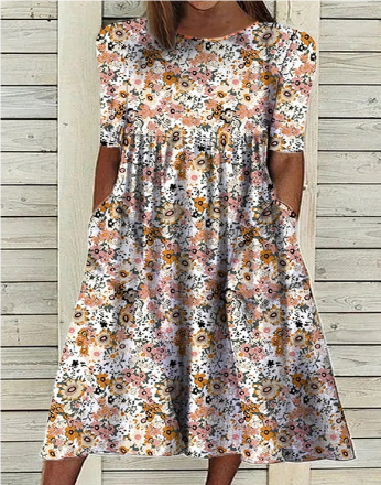 Scandia - Short-sleeved summer midi dress with floral print
