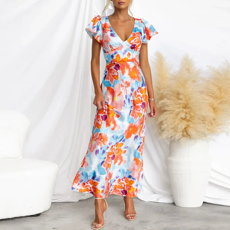 LP | Elegant evening dress with v-neck and floral print