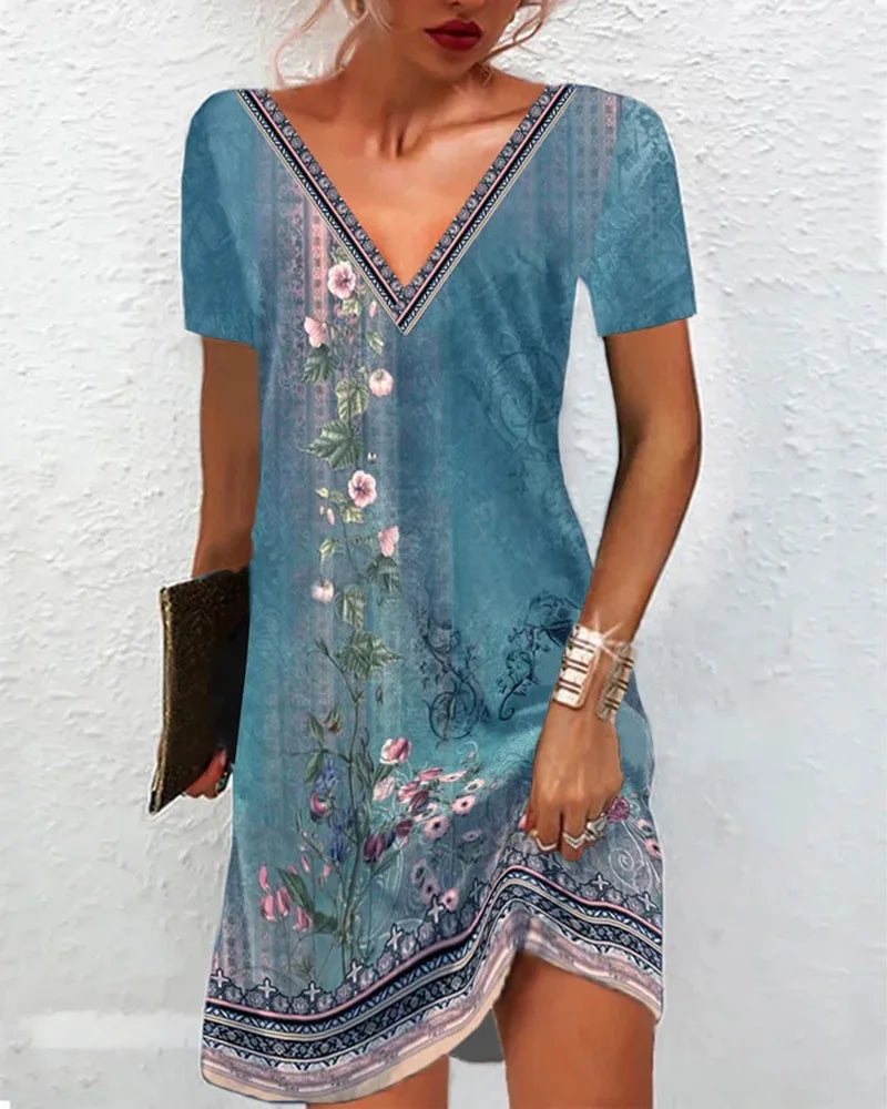 LP | Women's Summer Boho V-neck Short Sleeve Print Vintage Dress Floral Casual Women's Holiday Beach Dresses Loose Vestidos