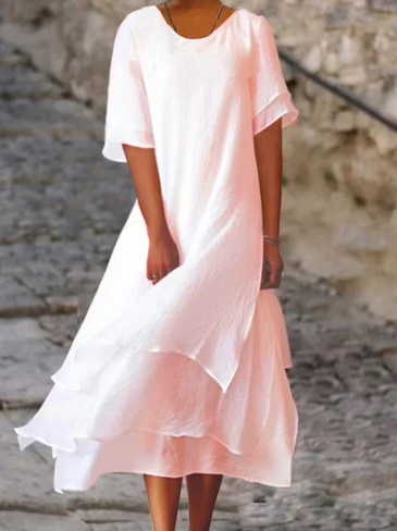 Roselle - Round-neck, short-sleeved dress in double-layer cotton and linen