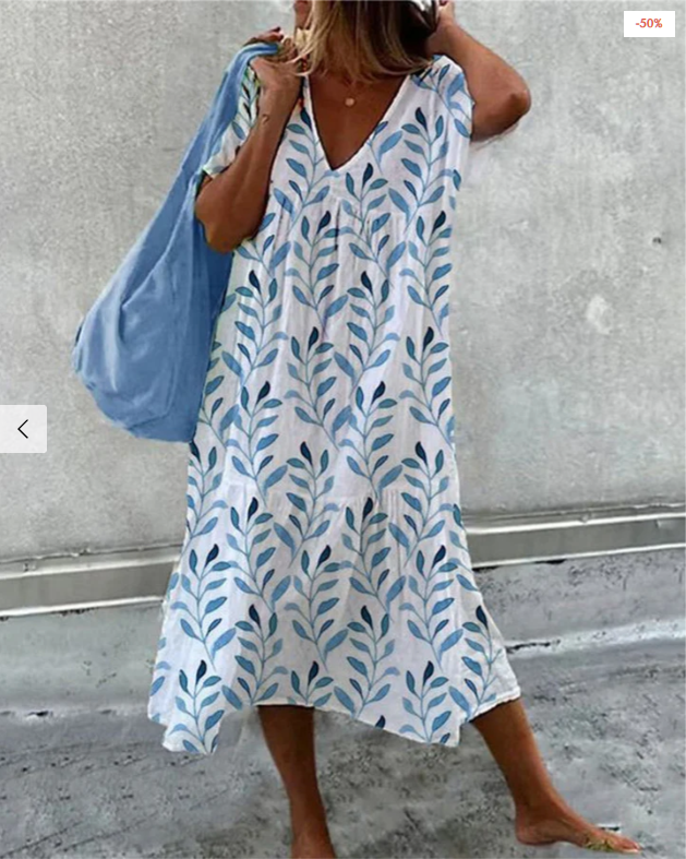 Ladies' V-neck dress with leaf print