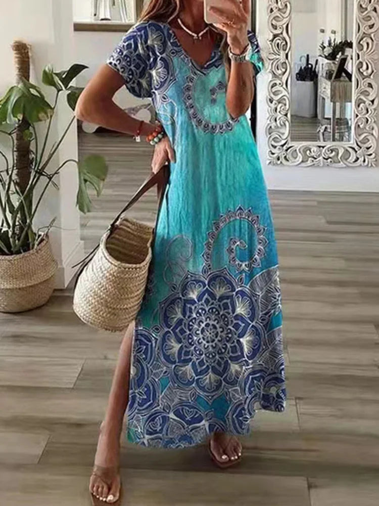 LP | T-shirt-printed irregular geometric Long dress Women's Summer Round neck Short sleeve A-Line casual dress-for-holidays
