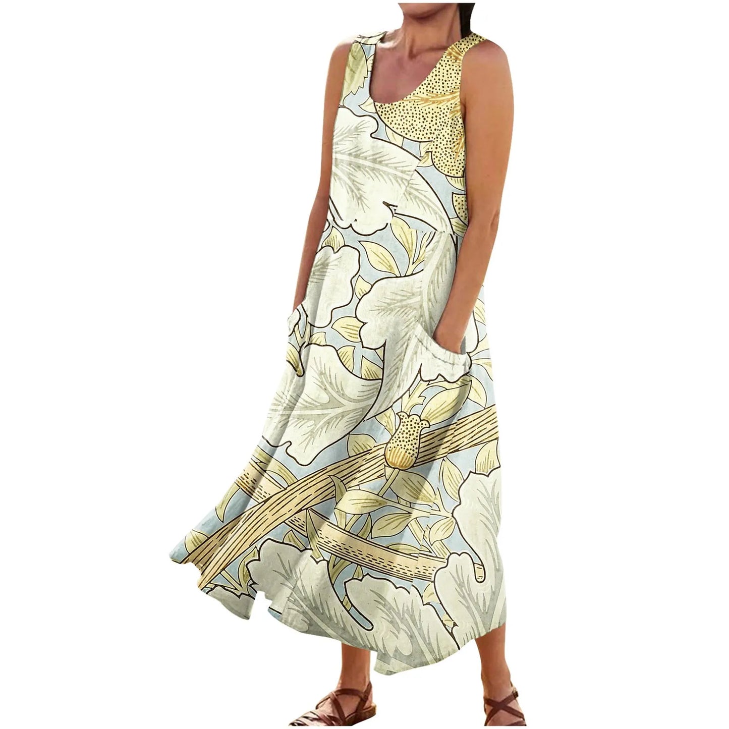 LP | Floral Summer Dress Women Vintage Sleeveless Floral Printed Long Dress Cotton Linen Sundress Baggy Beach Vestido Sarafans