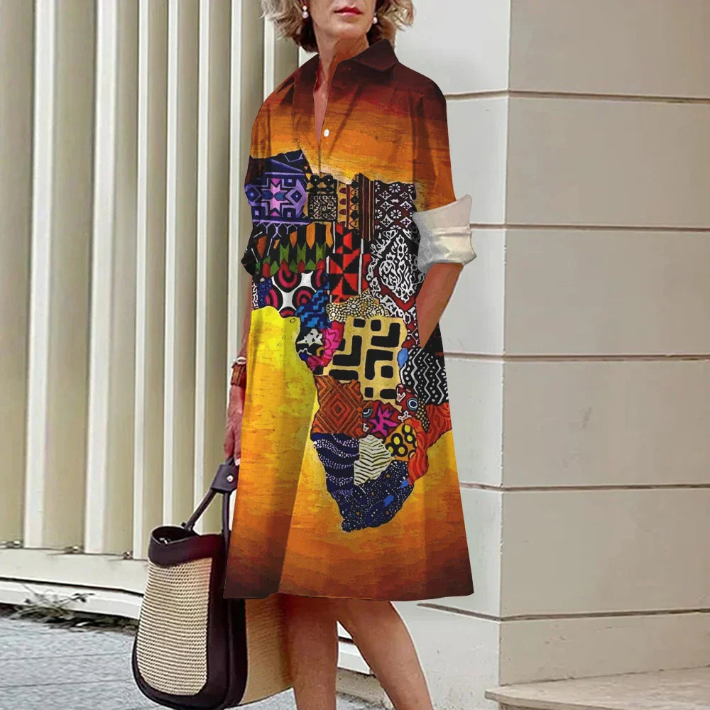 LP | Summer New Elegant Women's Shirt Women Casual Printed Long Sleeve Fashion Lapel Road Women Dresses Dinner Party Dresses