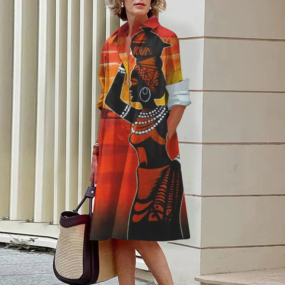 LP | Summer New Elegant Women's Shirt Women Casual Printed Long Sleeve Fashion Lapel Road Women Dresses Dinner Party Dresses