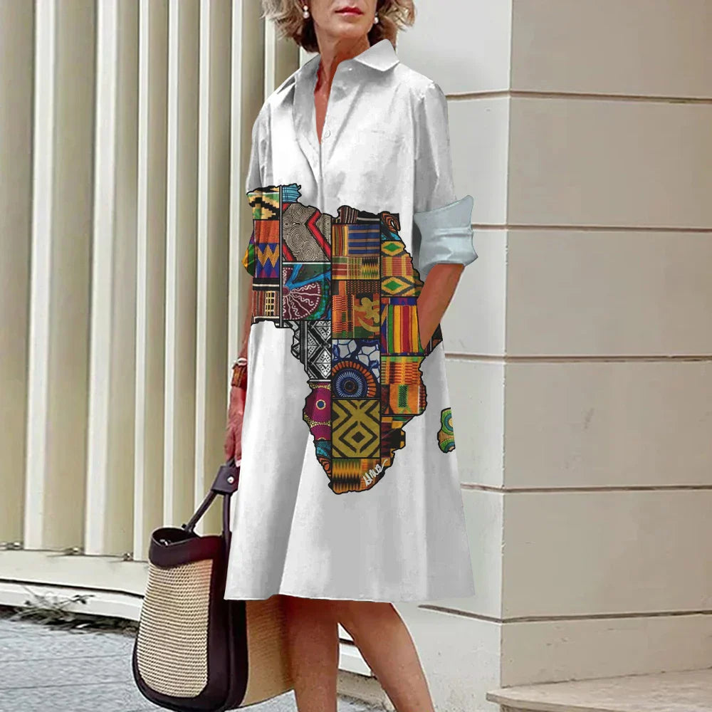 LP | Summer New Elegant Women's Shirt Women Casual Printed Long Sleeve Fashion Lapel Road Women Dresses Dinner Party Dresses