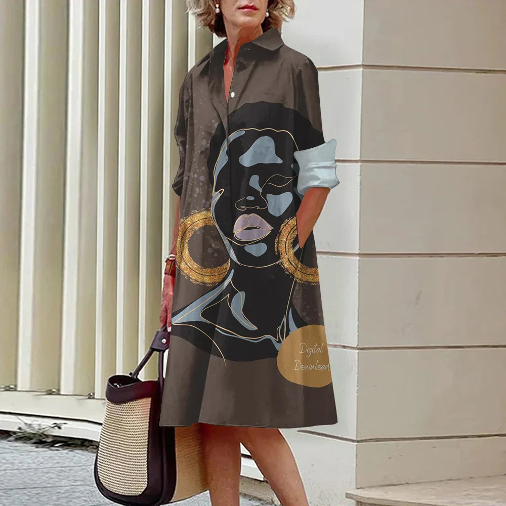 LP | Summer New Elegant Women's Shirt Women Casual Printed Long Sleeve Fashion Lapel Road Women Dresses Dinner Party Dresses