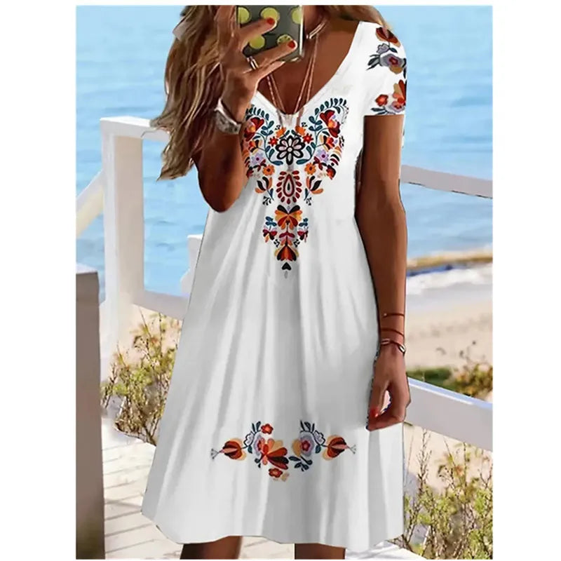 LP | Women Summer Short Sleeve V-Neck Casual Dress 3D Vintage Floral Printed Elegant Knee Dress S-3XL Lady Vestidos