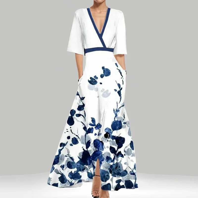 LP | Spring Summer Women Fashion V Neck Strap Party Dress Long Print Sexy Boho Maxi Dresses Short Sleeve Bag Femlae Holiday