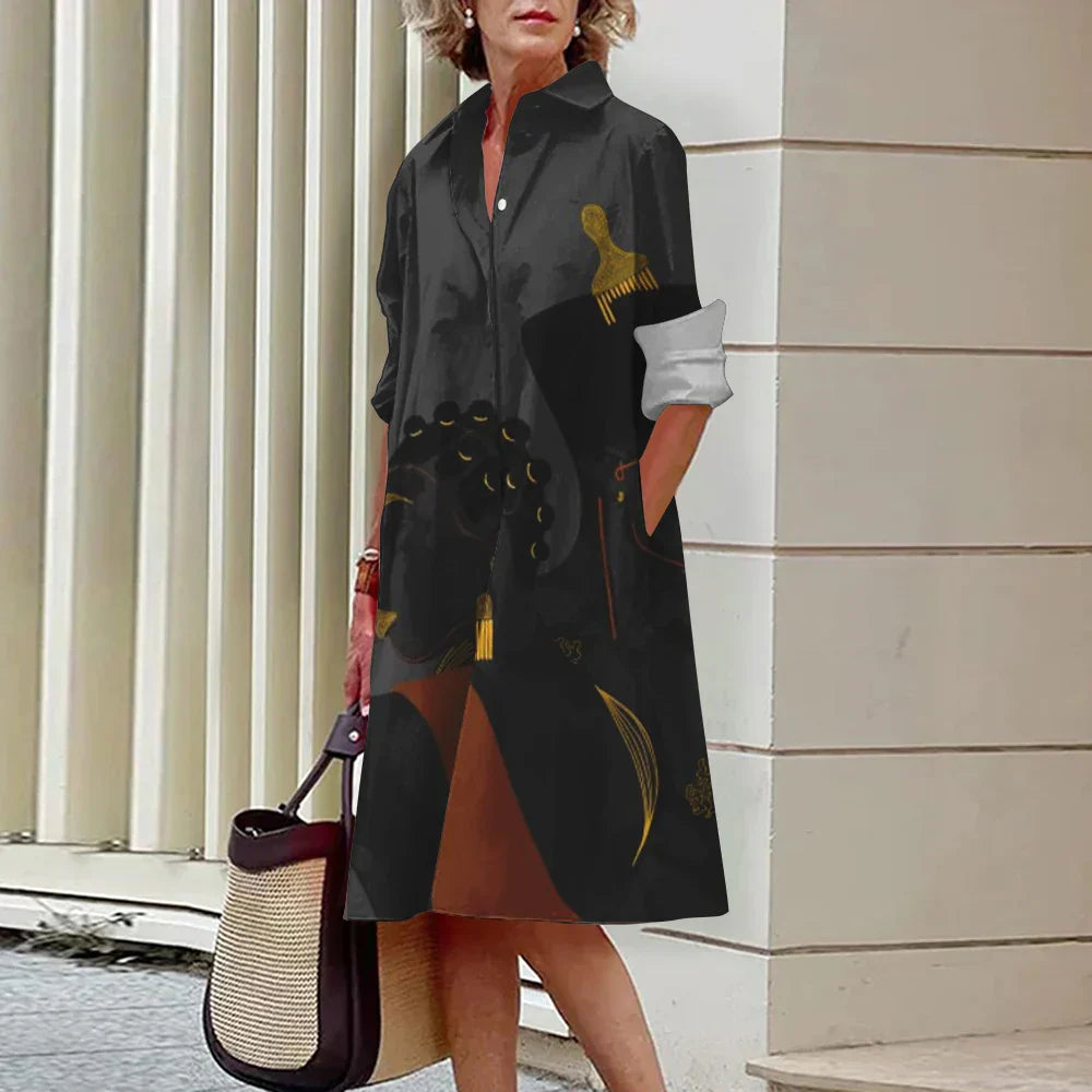 LP | Summer New Elegant Women's Shirt Women Casual Printed Long Sleeve Fashion Lapel Road Women Dresses Dinner Party Dresses