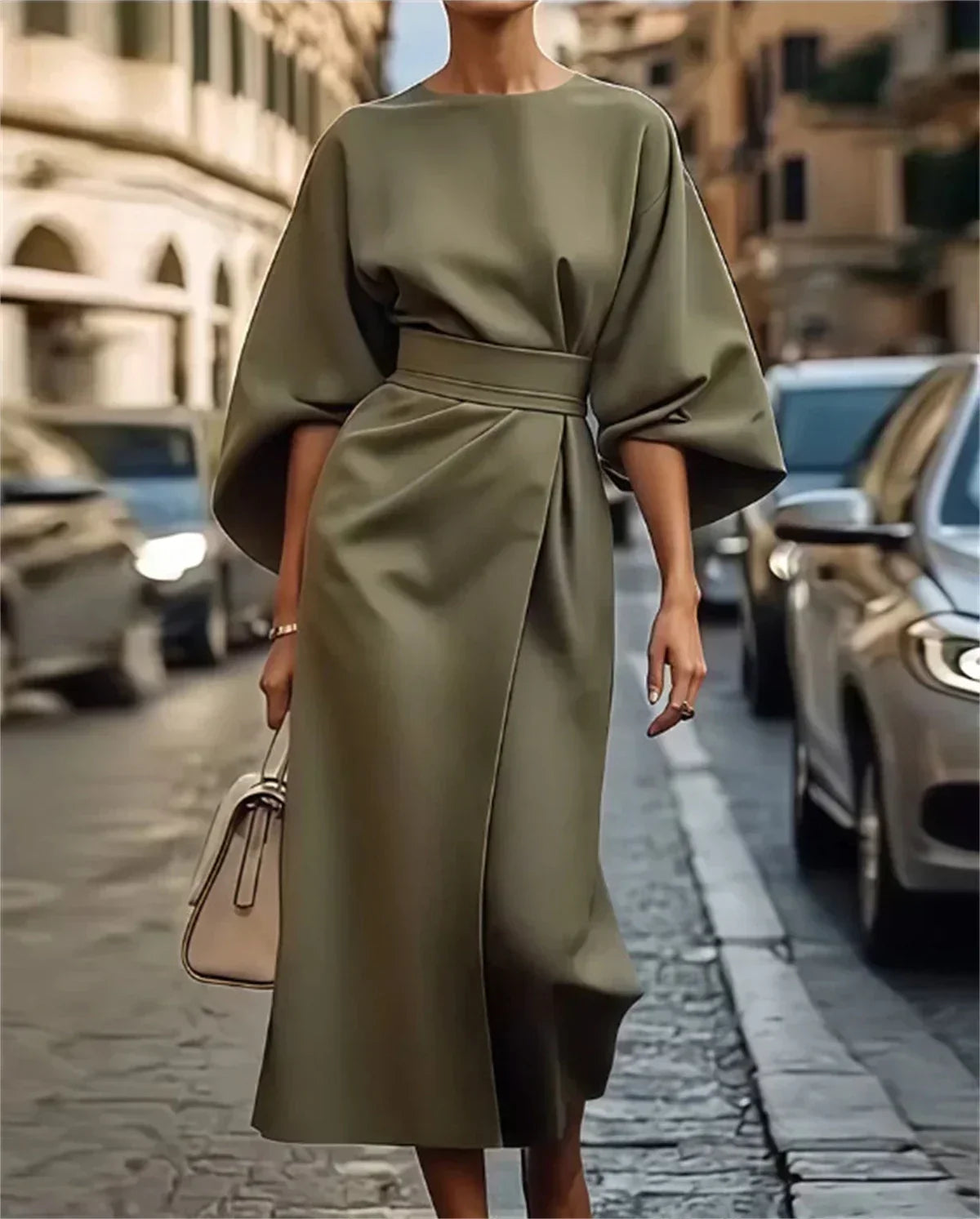 LD | Elegant midi dress with bell sleeves and belt