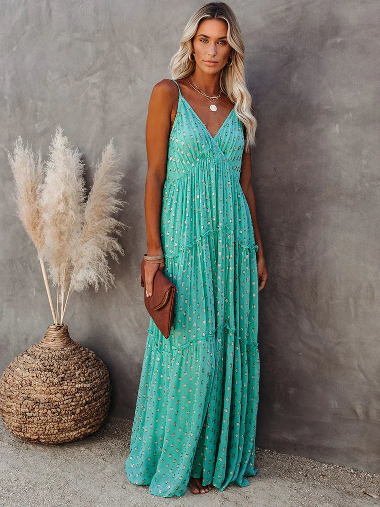 LP | Maxi Bohemian Dresses Women's Summer Green Strappy Sundress Women's Fashion Casual Long Beach Sundress Chic Printed Boho Dress 2023