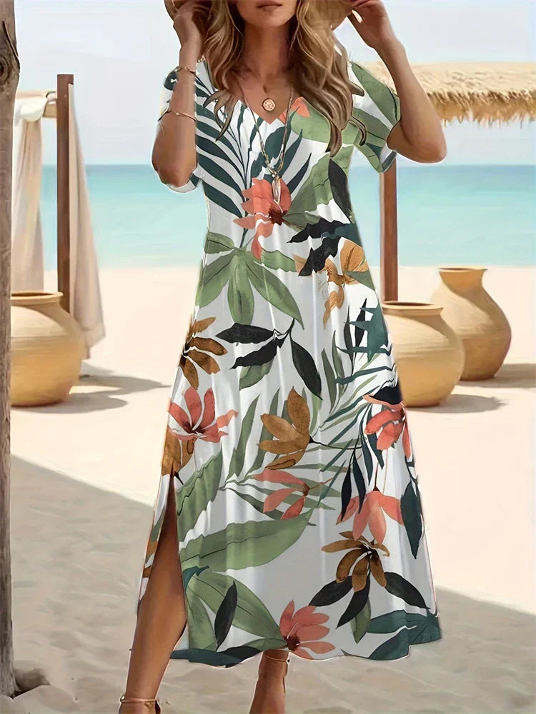 LP | New Floral Printed Dresses Hawaiian Long Dresses Women's Holiday Short Sleeve Dresses Fashion Summer V Neck Designs Summer