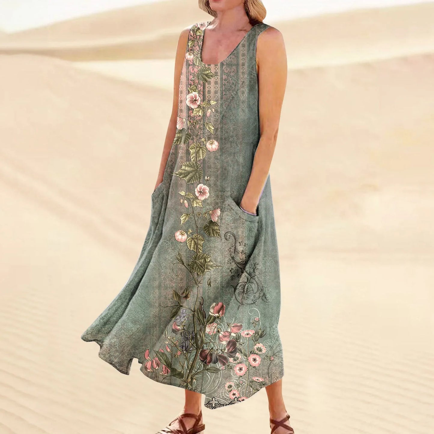 LP | Women's casual retro summer dresses Beach cover-ups with pockets Plus Size Cotton loose linen T-shirt Long beach dress
