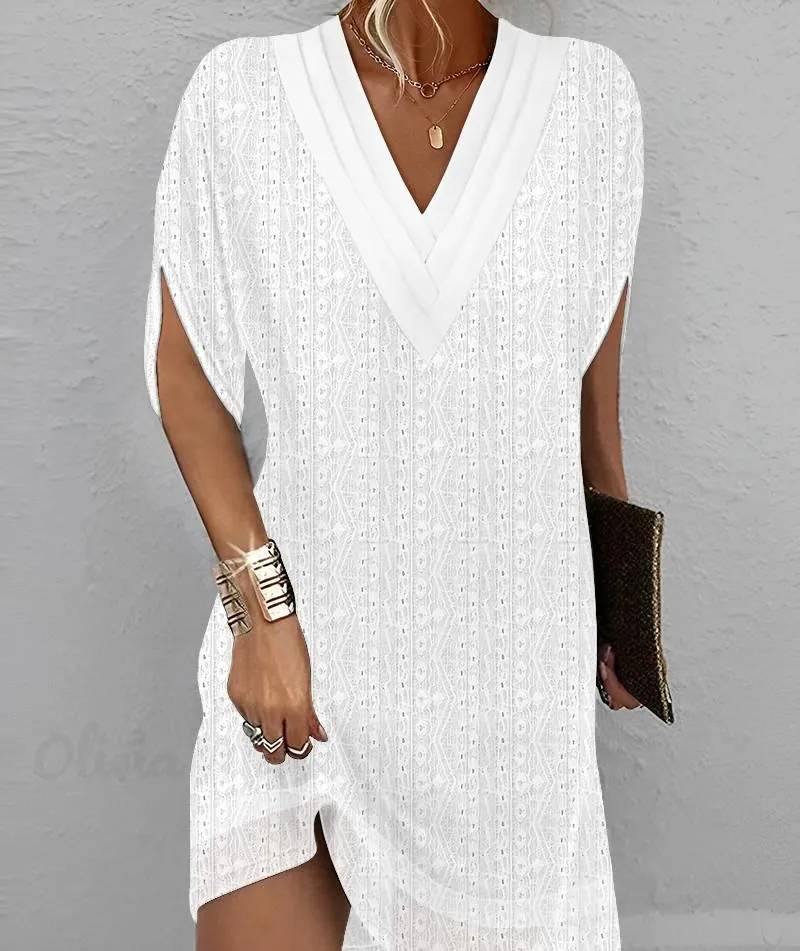 LP | Women's V-neck dress with embroidered eyelets, mid-length sleeves