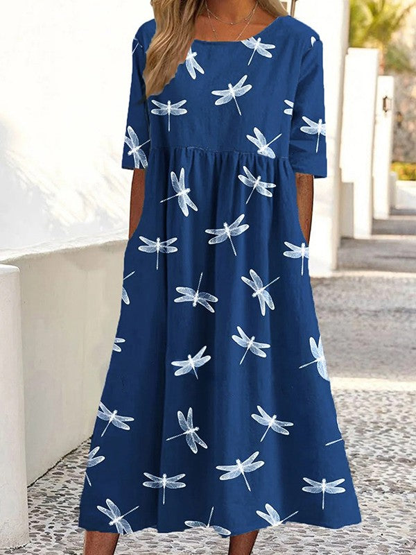 LP | Round dress with short sleeves and dragonflies print