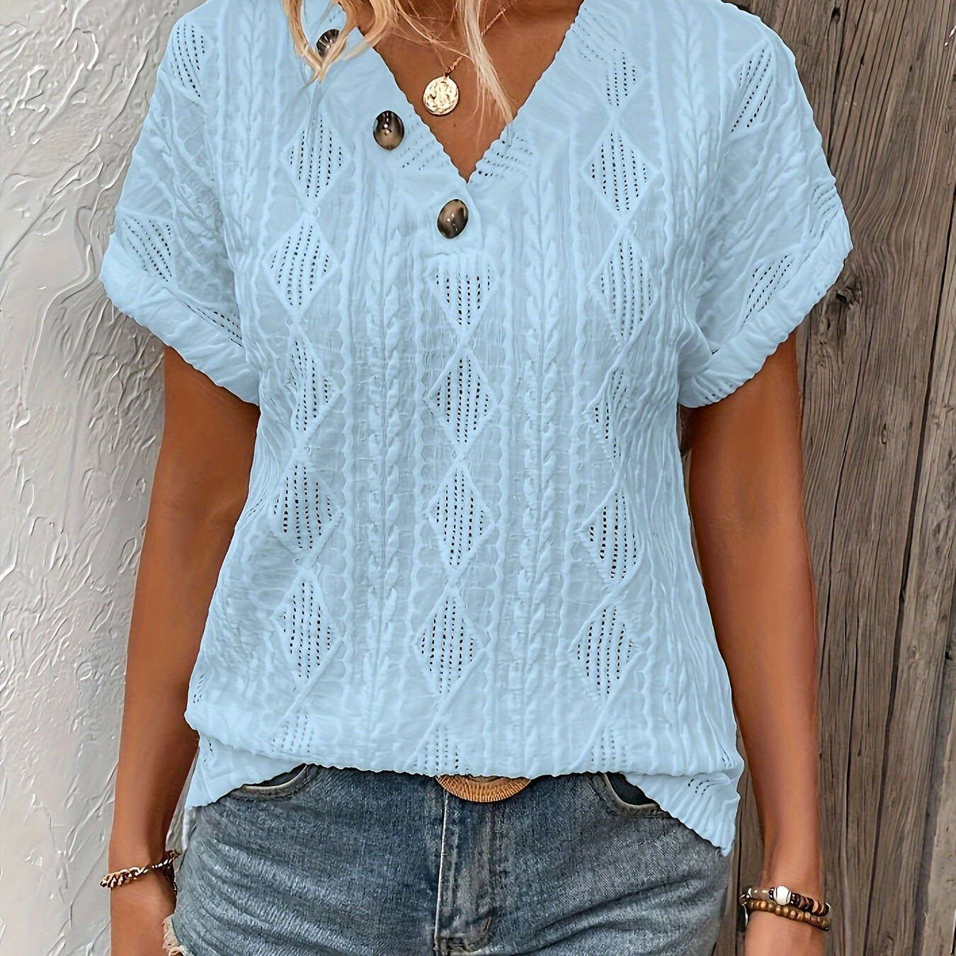 T-shirt - V-neck with decorative buttons and casual textured pattern