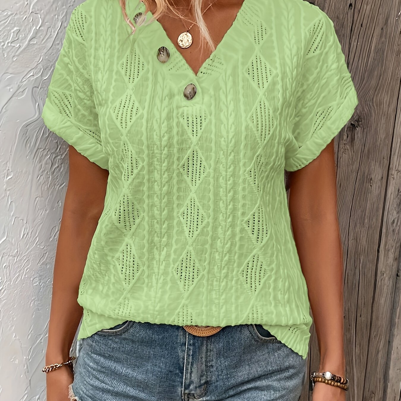 T-shirt - V-neck with decorative buttons and casual textured pattern