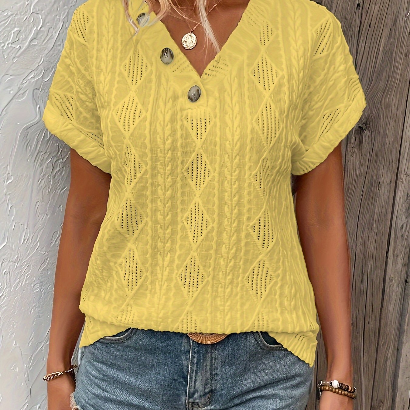 T-shirt - V-neck with decorative buttons and casual textured pattern