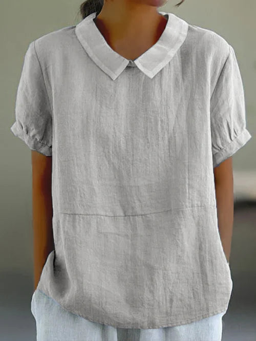 Women's airy linen blouse, short sleeves, bubon collar