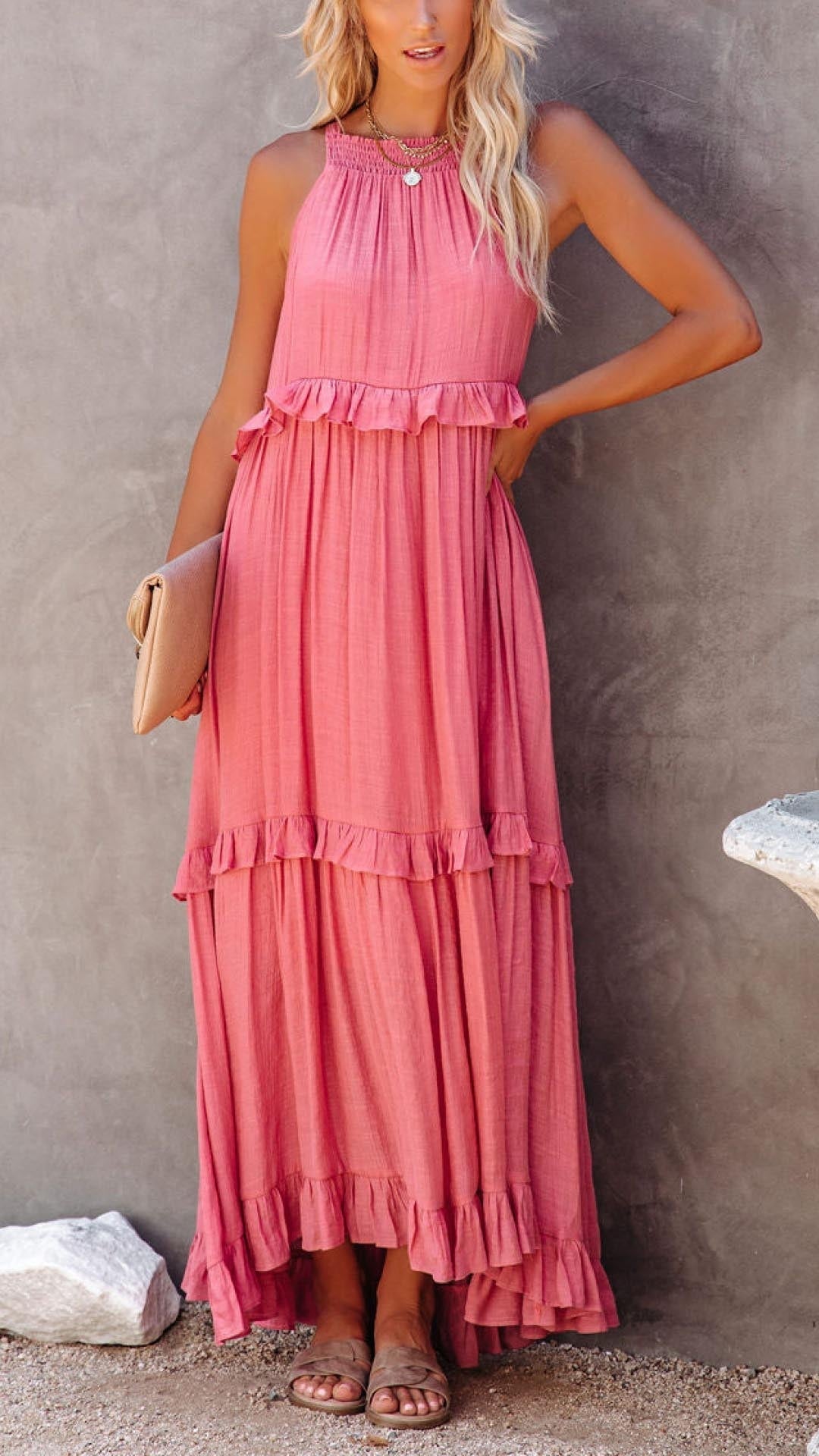LP | Simple maxi dress with high neck and ruffles