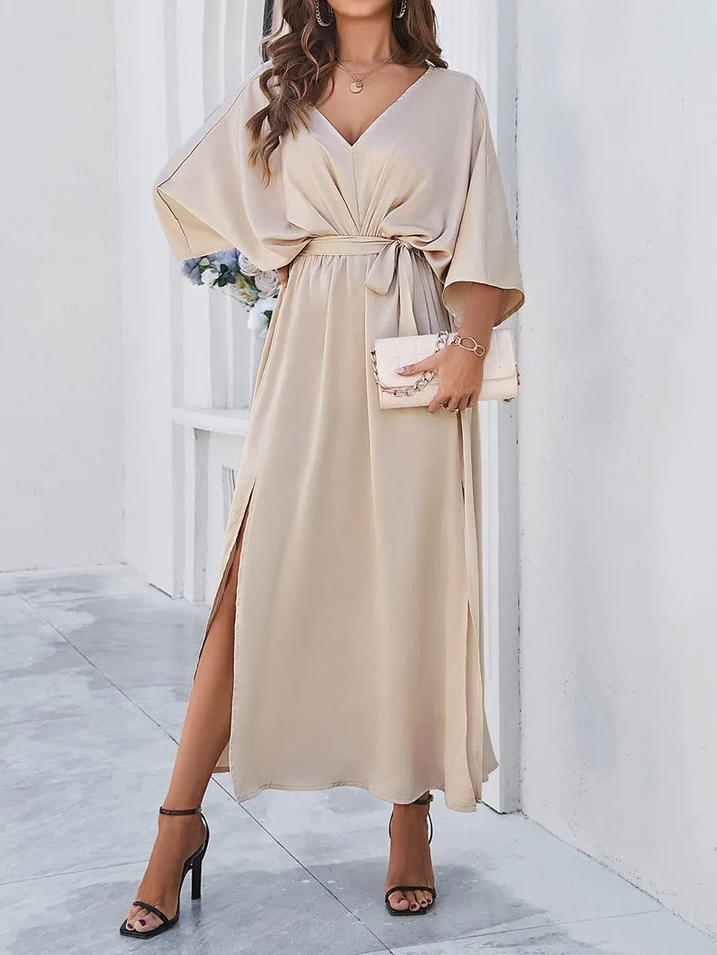 Elegant long dress with bat sleeves and belt