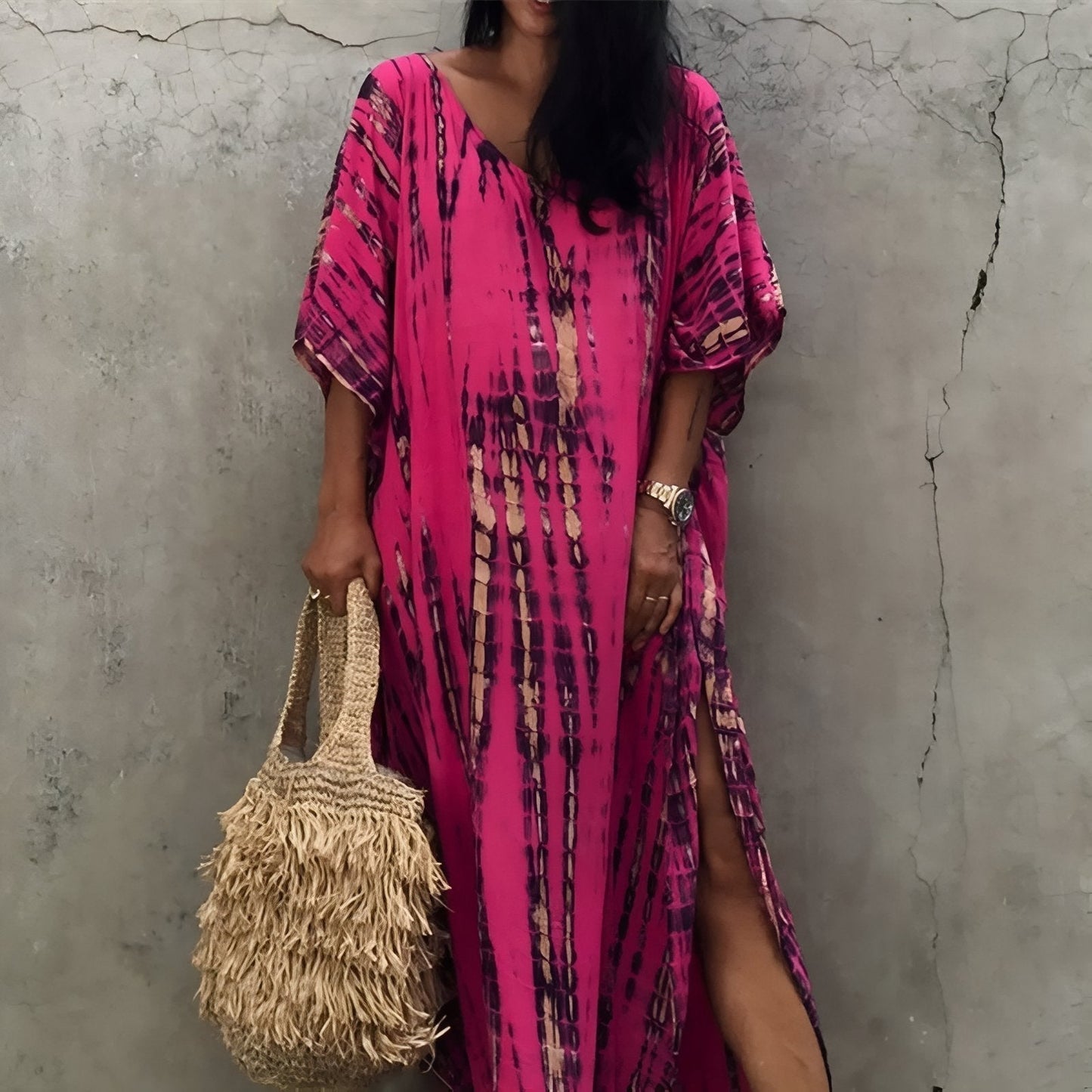 Printed long dress with wide bat sleeves
