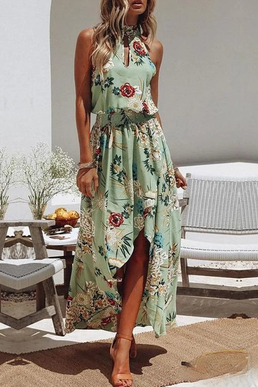 LP | Fashionable dress with green floral print and round neckline
