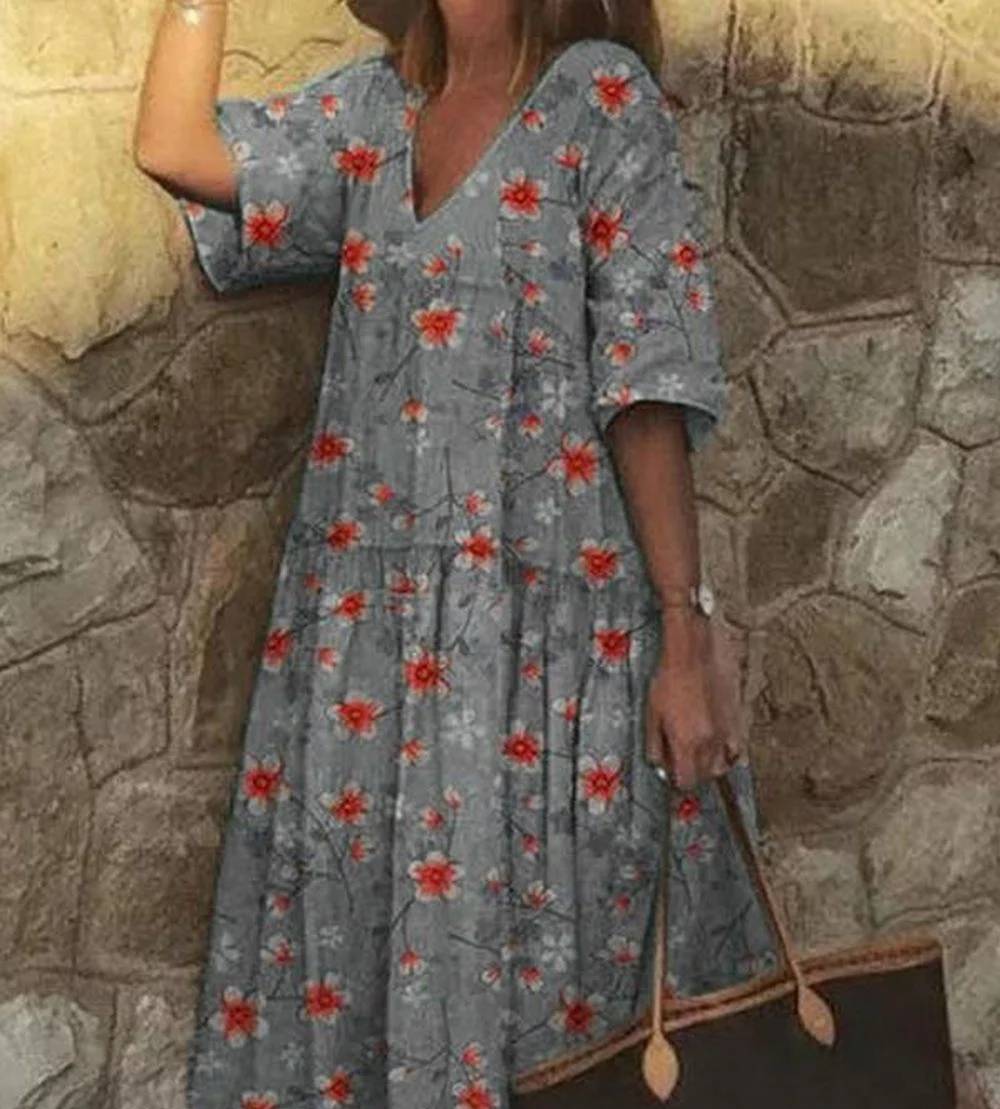 V-neck casual dress with floral print