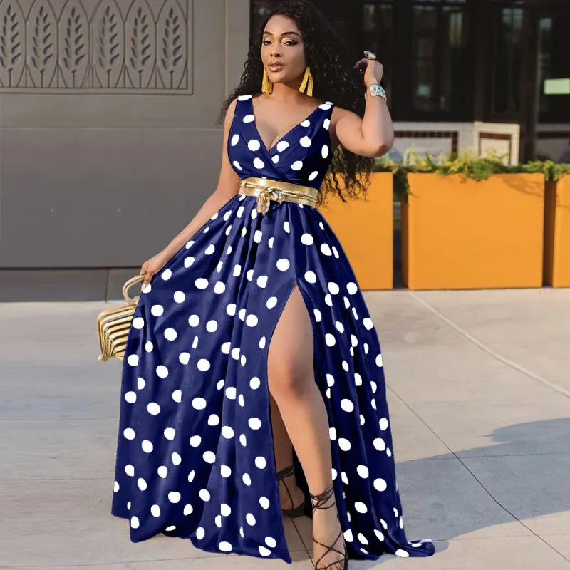 Dress with deep neckline and open back with gold dots