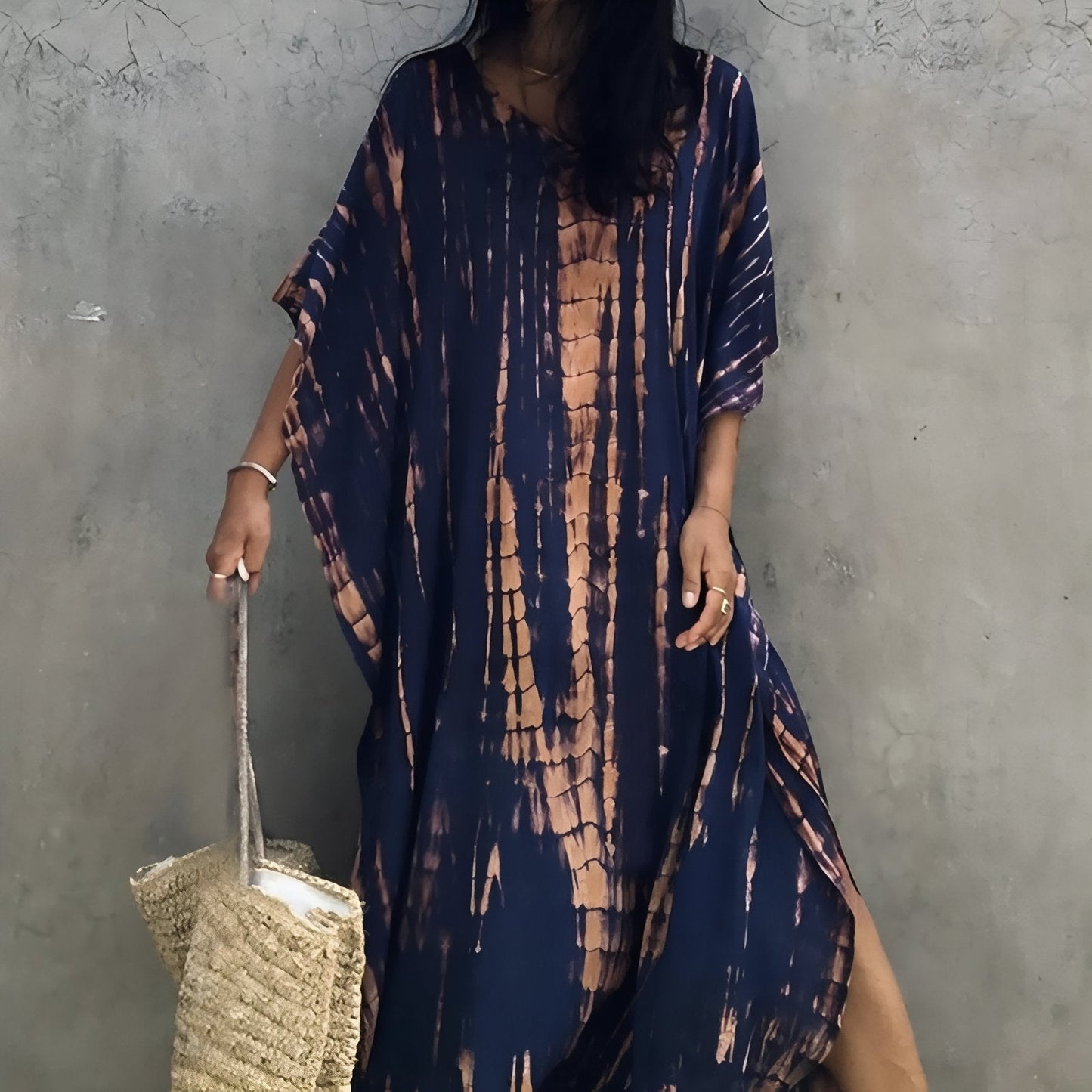 Printed long dress with wide bat sleeves