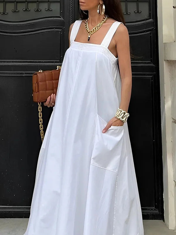 LD Long, loose, one-color sleeveless dress with square neckline
