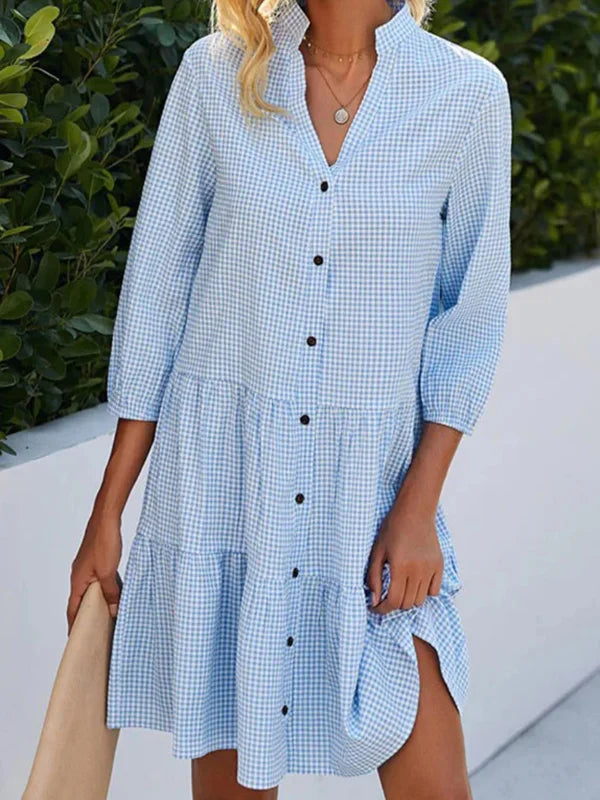 LP | Fitted shirt dress with A-line, plaid, stand-up neckline, high collar and button closure