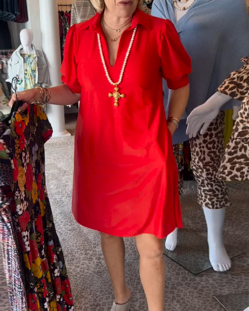 Dress with lapels and puff sleeves