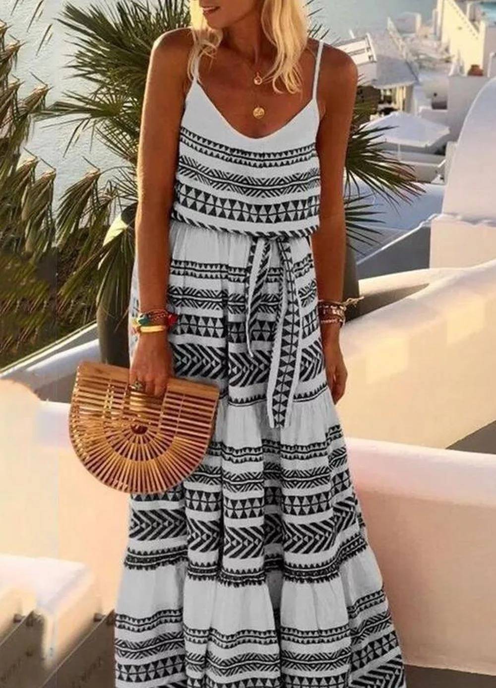 Bohemian Geometric Print Strapless Dress with V-Neck