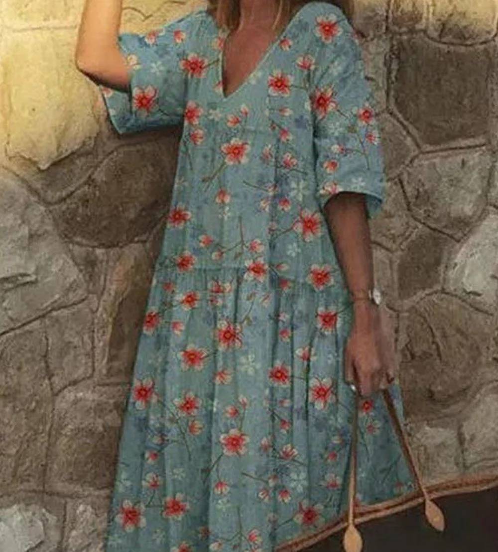 V-neck casual dress with floral print