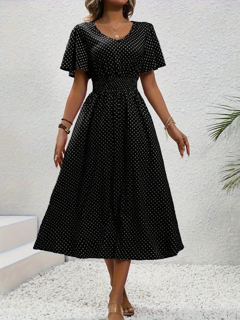 Dress with all-over print and rounded waist, casual dress with short sleeves