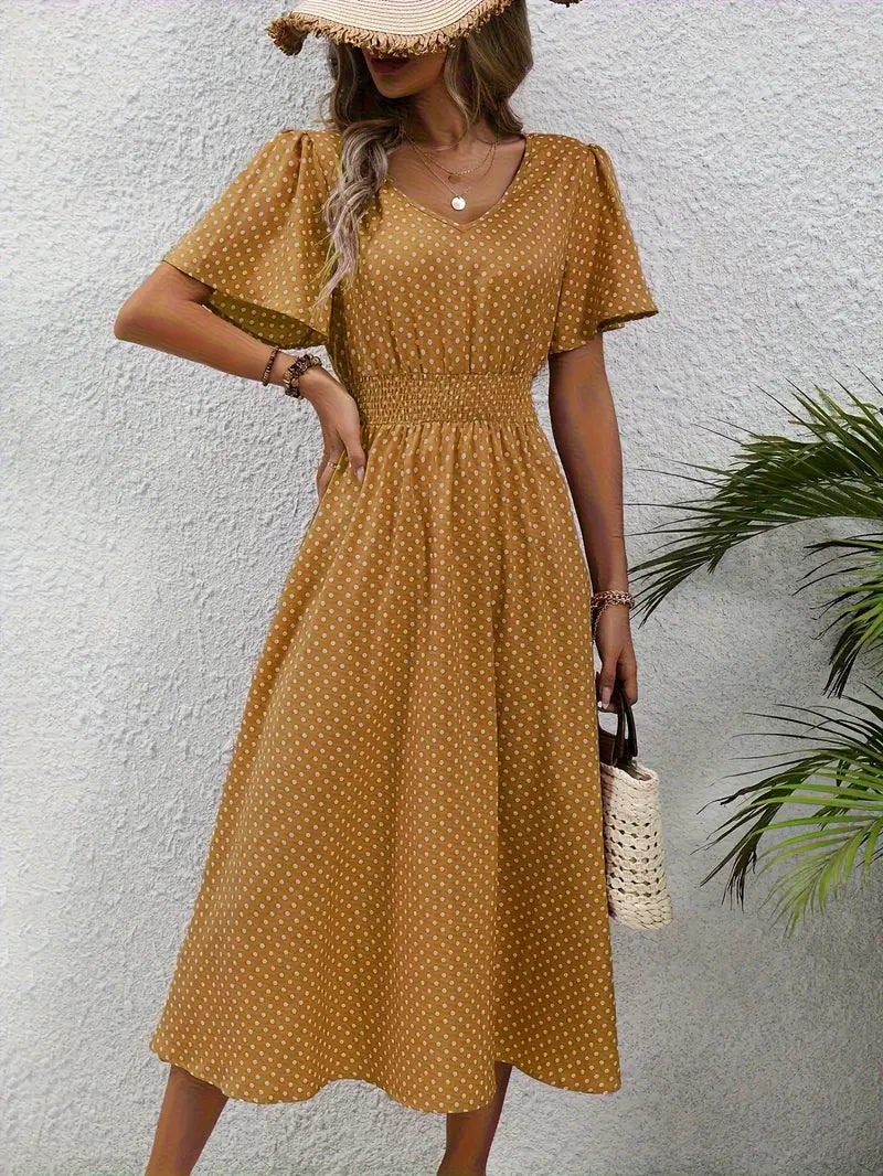 Dress with all-over print and rounded waist, casual dress with short sleeves