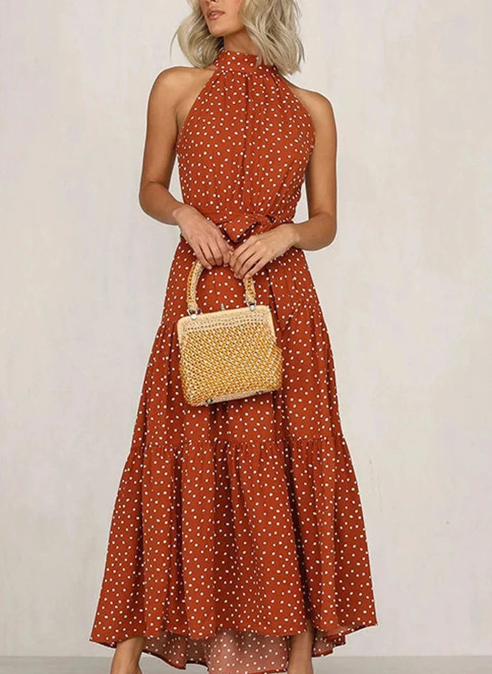Printed long dress with bow at the waist
