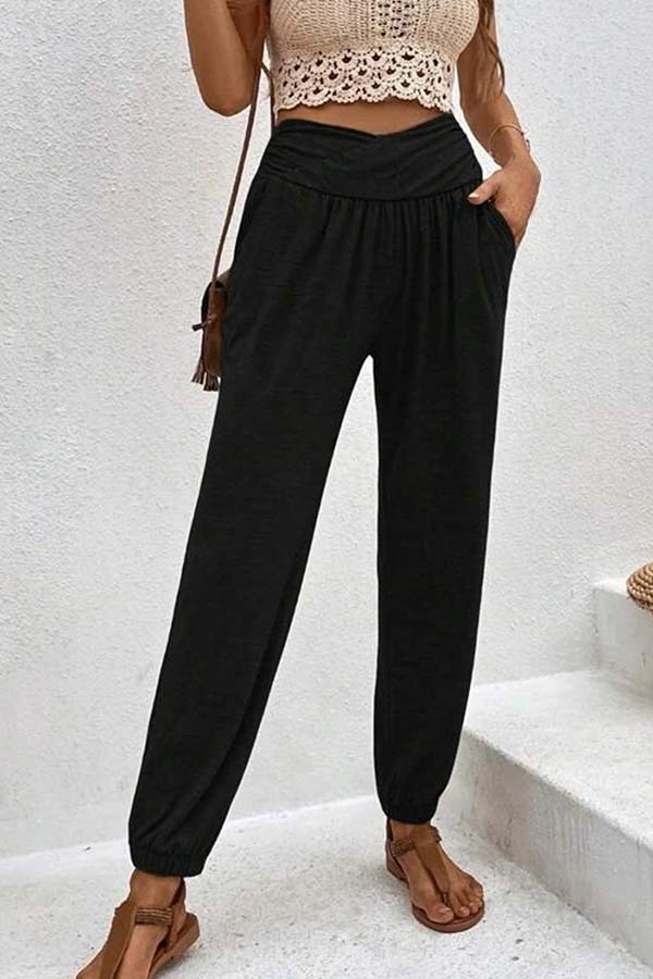 Temperament casual loose pocket high-waisted pants