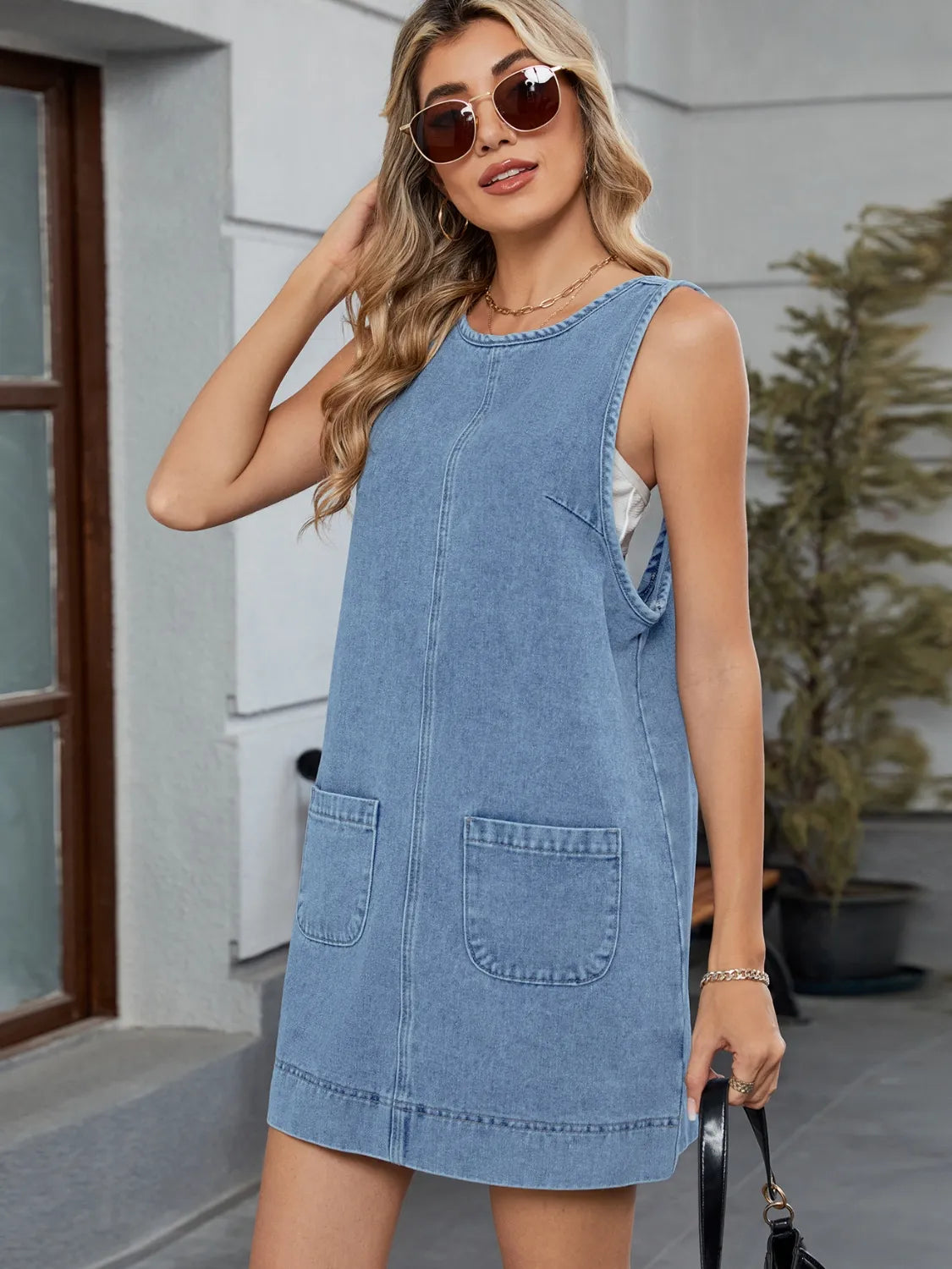 denim jumpsuit dress-with-round-neck